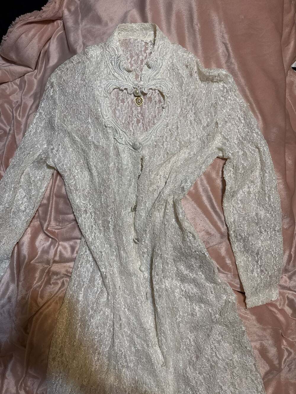 Vintage Jody of California White Lace Heart Cutout Dress w Pearl Charm, Size 5